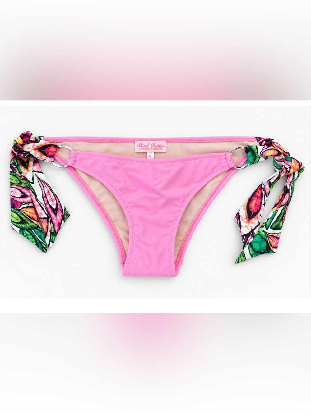 NEW PISTOL PANTIES CHARLOTTE PINK FEATHER SIDE TIE BIKINI SWIMSUIT BOTTOMS SZ 6